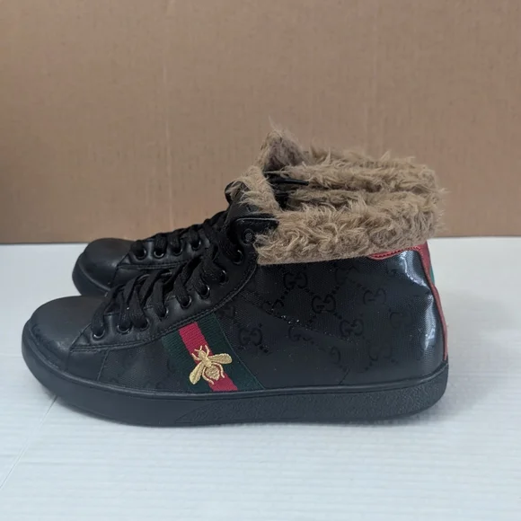 Gucci men's Ace high-top sneakers with Fur Lining Size 8.5 - Picture 3 of 11